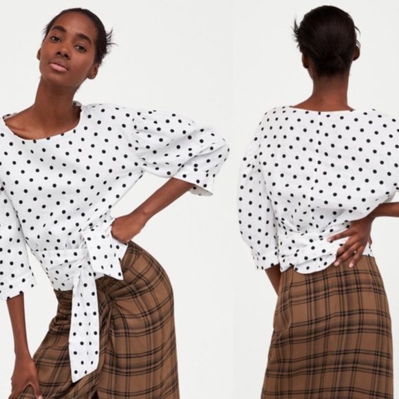 Zara Polka Dot Tie Back Wrap Linen Top Blouse - Picture 4 of 13